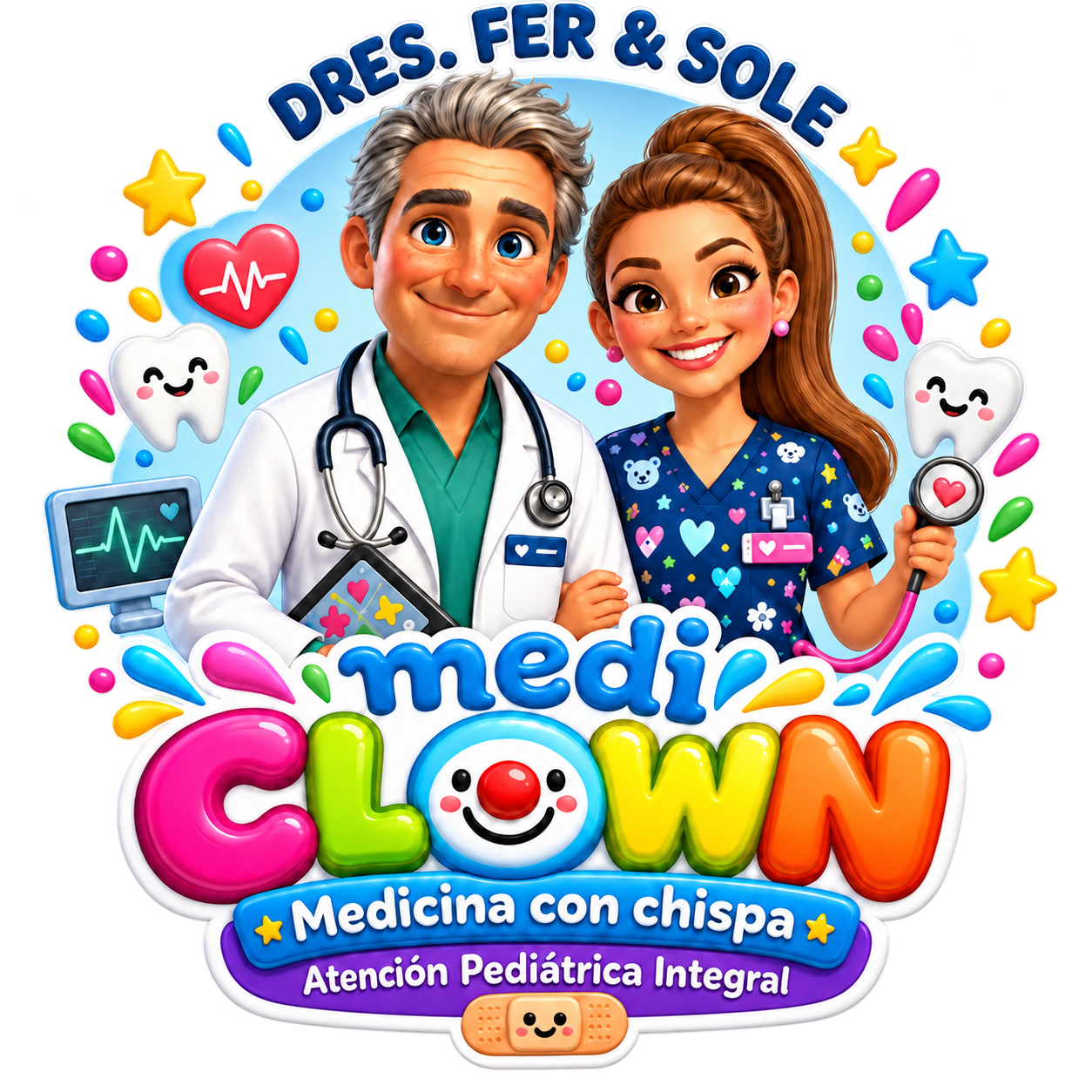 Ilustración de los Dres. Fer y Sole de Mediclown, con el lema Medicina con chispa